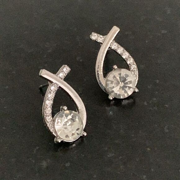 Mermaid Fishtail Earrings, Cubic Zirconia Mermaidcore Criss Cross Silver Tone - Picture 7 of 11